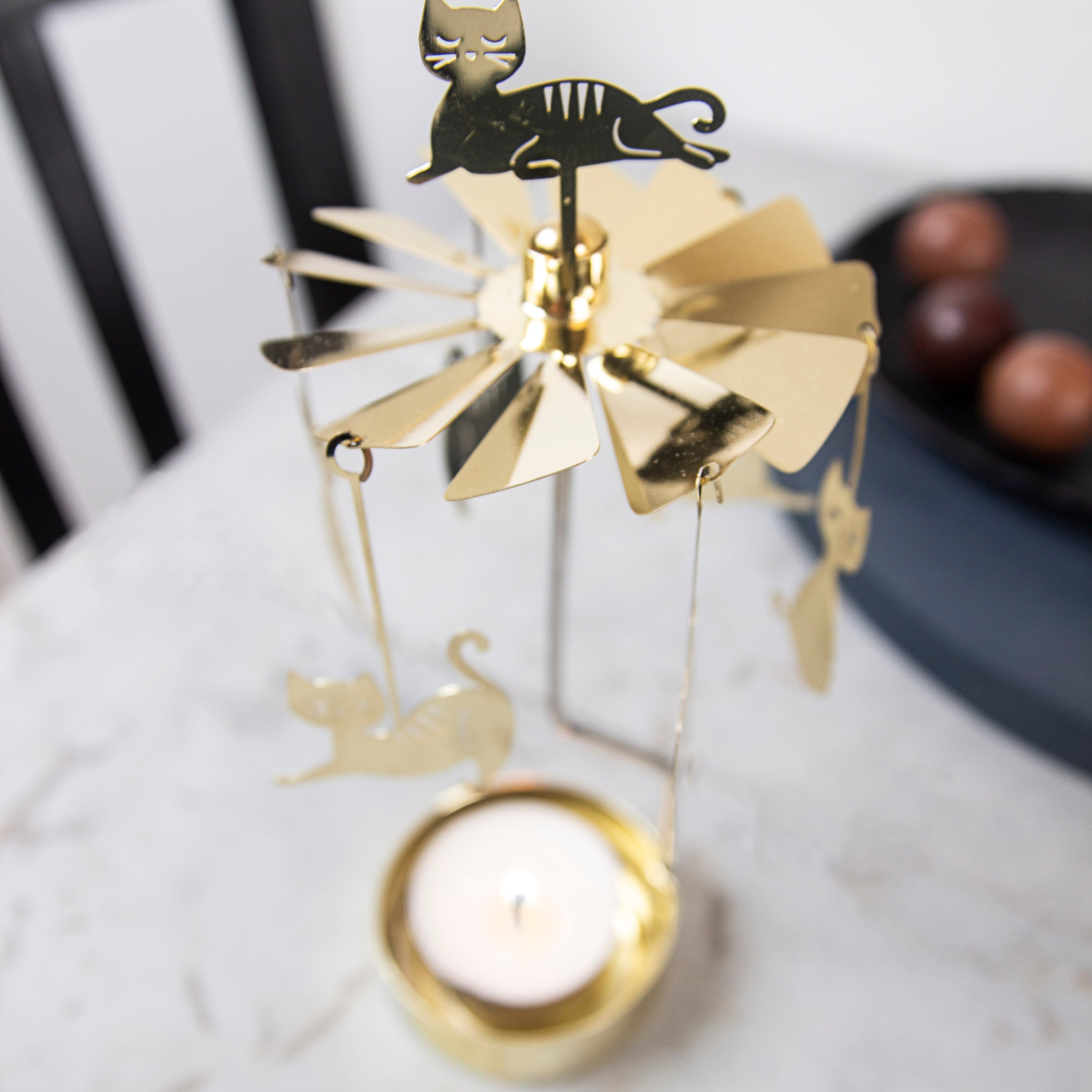 Cat Family Tea Light Carousel, Gold (8601202426143)