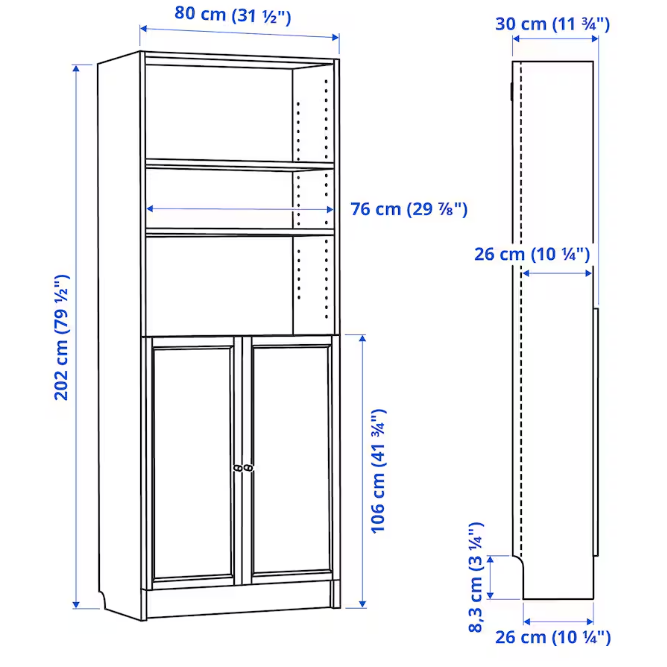 Ikea Billy Bookcase with Oxberg Solid Doors, 80x30x202cm, White (10088175010079)