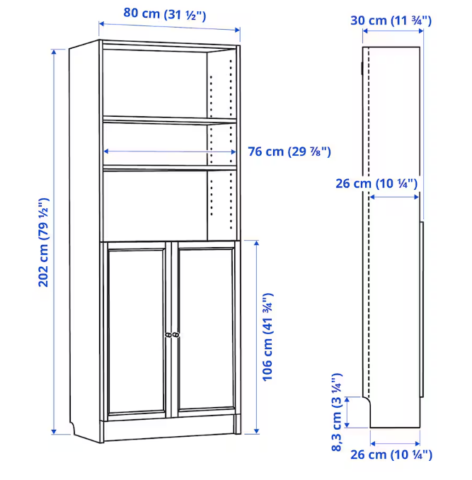 Ikea Billy Bookcase with Oxberg Solid Doors, 80x30x202cm, White (10088175010079)