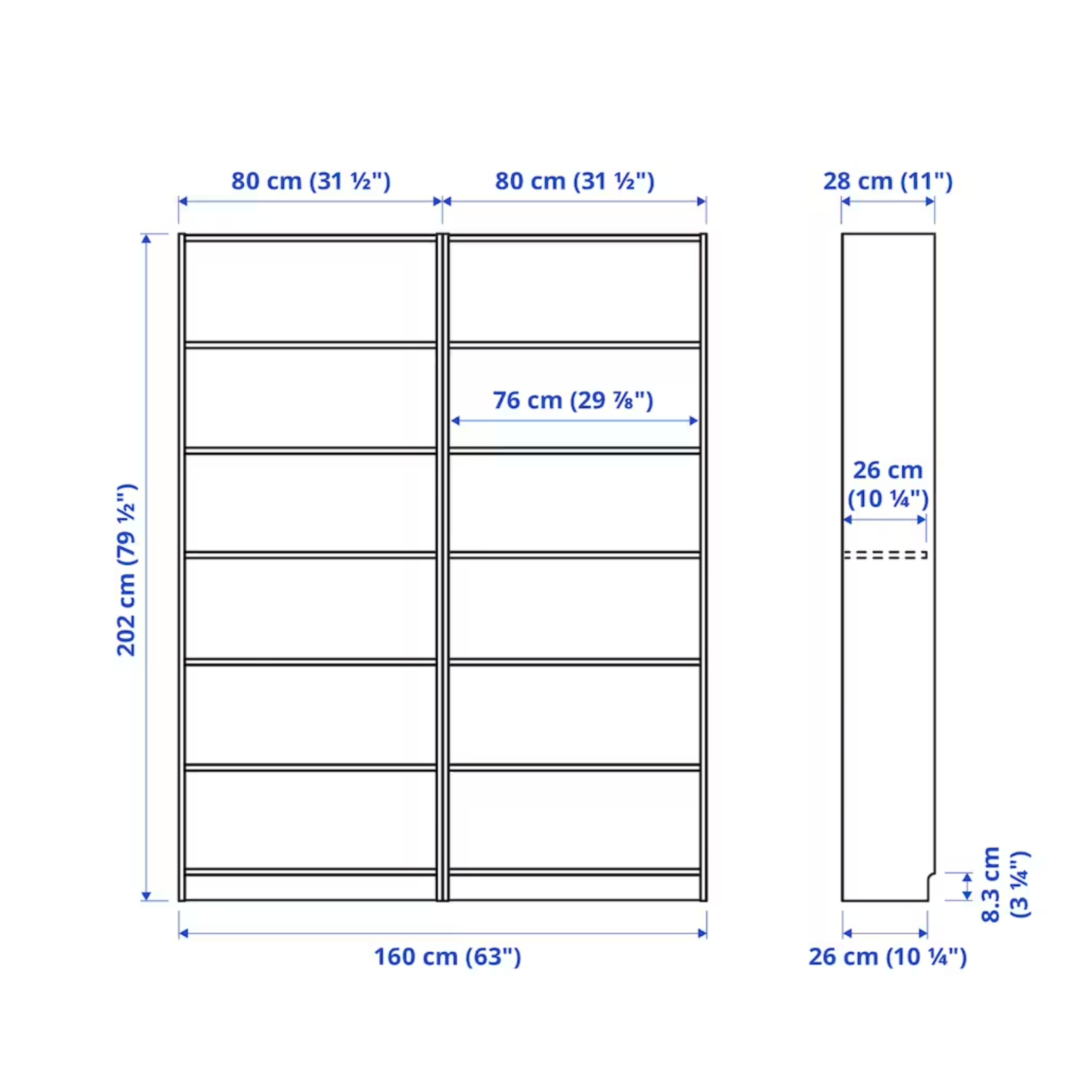 Ikea Billy Bookcase, 160x28x202cm, White (8129589051679)