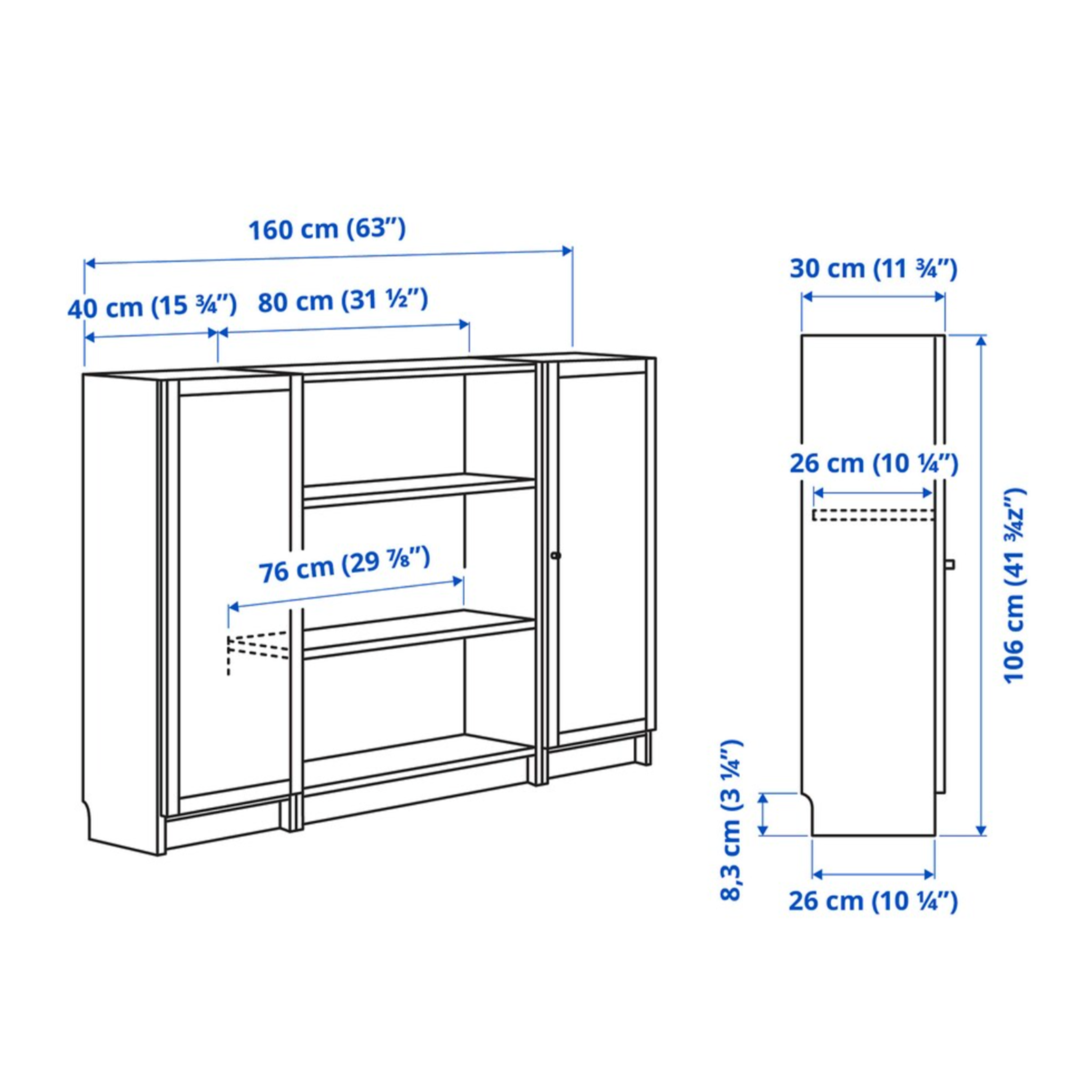 Ikea Billy Bookcase with Oxberg Solid Doors, 160x30x106cm, White (8129725661471)